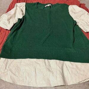LOFT Green Knit Layered Look Blouse with White Striped Shirt Hem